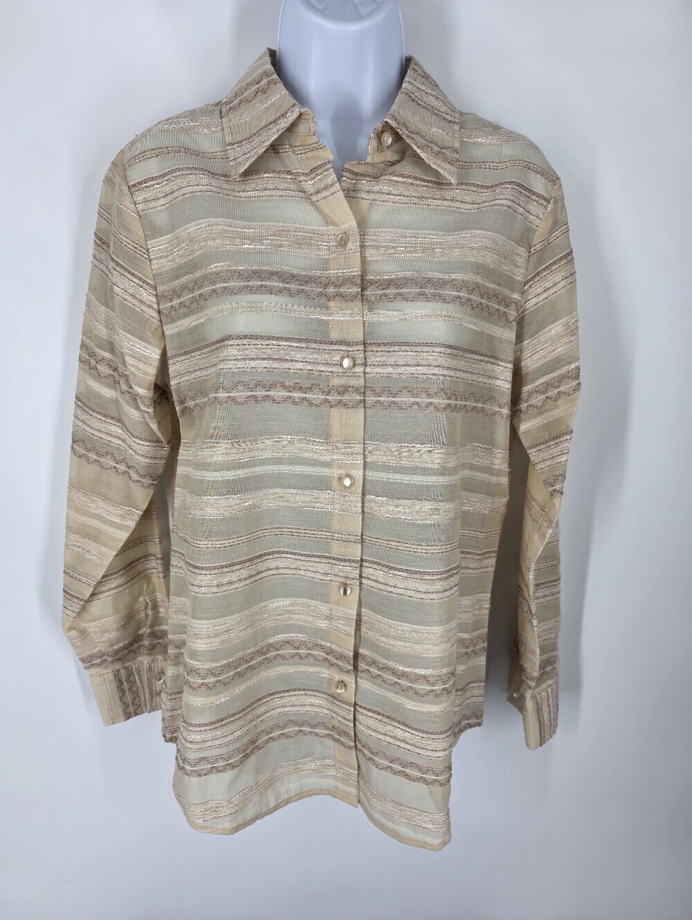 Coldwater Creek Sheer Striped Metallic Button Down Blouse Top Small Gold Tan